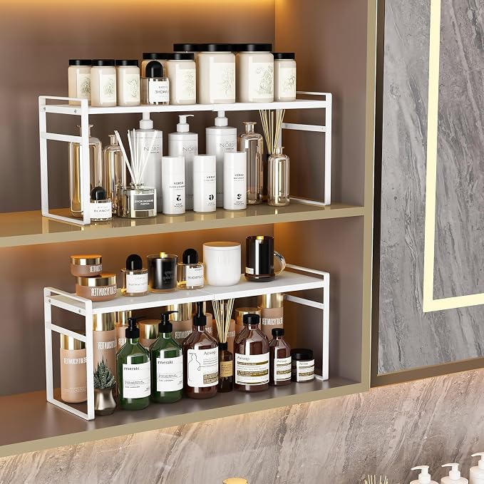 Expandable Medicine Cabinet Organizer, White | Narrow Stackable Storage Trays Holder for Bathroom Mirror Cabinets & Vanity, slim shelf for small spaces,Sturdy Load Capacity