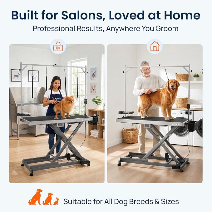 Professional Electric Dog Grooming Table - Heavy Duty | Height Adjustable Pet Grooming Table w/Leveling Wheels, Dog Grooming Arm, Anti-Slip Tabletop & Tool Organizer (Grey, 49")