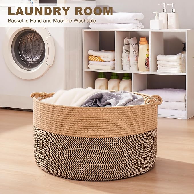 OIASKET Large Blanket Storage Basket for Living Room, 22.8" x 22.8" x 13" Woven Cotton Rope Basket with Handles, Baby Toy Storage, Laundry Hamper for Clothes, Pillows, Towels-Brown and Black