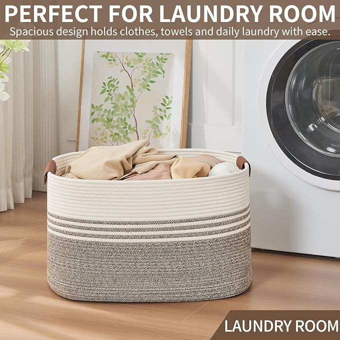 Laundry Hamper with Handles, 72L Rope Laundry Basket, Brown | Cotton rope clothes hamper with leather handles holds blankets, pillows, toys and laundry in nursery, bedroom or living room