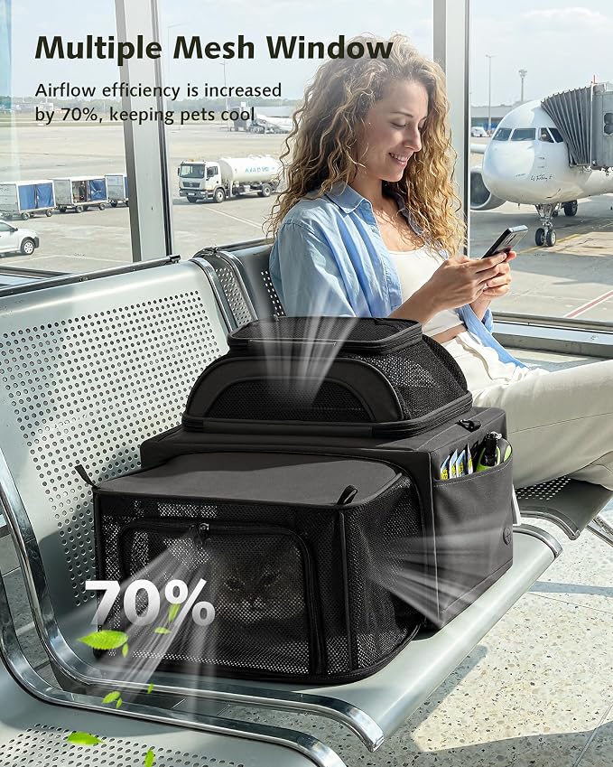 Pecute Top Expandable Airline Approved Pet Carrier for Cats, Dark Gray | Airline Approved Dog Carrier, Under-seat, Breathable, Anti-scratch Mesh, Safety Leash, Locking Zippers, Leakproof Pee Pad