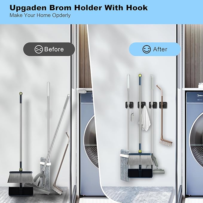 2 Pack Broom Holder Wall Mount, 304 Stainless Steel Mop Organizer with Hook | No Drill Adhesive and Screw Installation, Rust Proof Storage Rack for Garage, Laundry, Garden, Black
