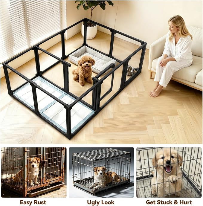 FlexiSpace Adjustable Clear Dog Play Pen, Expandable & Stackable Acrylic Dog Playpen, ONLY Dog Play Pen Indoors Grow with Your Pet Puppy Playpen (Black, 34", 12 Panels)