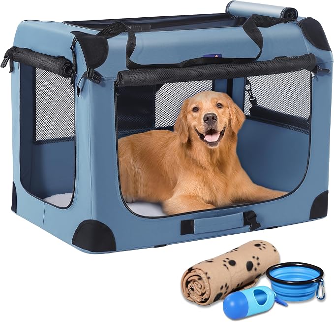 Petprsco Collapsible Dog Crate, 40 inch Portable Dog Crates for Large Dogs | Large Soft Foldable Dog Crate & Kennel for Travel, 3-Door with Sturdy Steel Frame & Durable Mesh Windows, Indoor/Outdoor