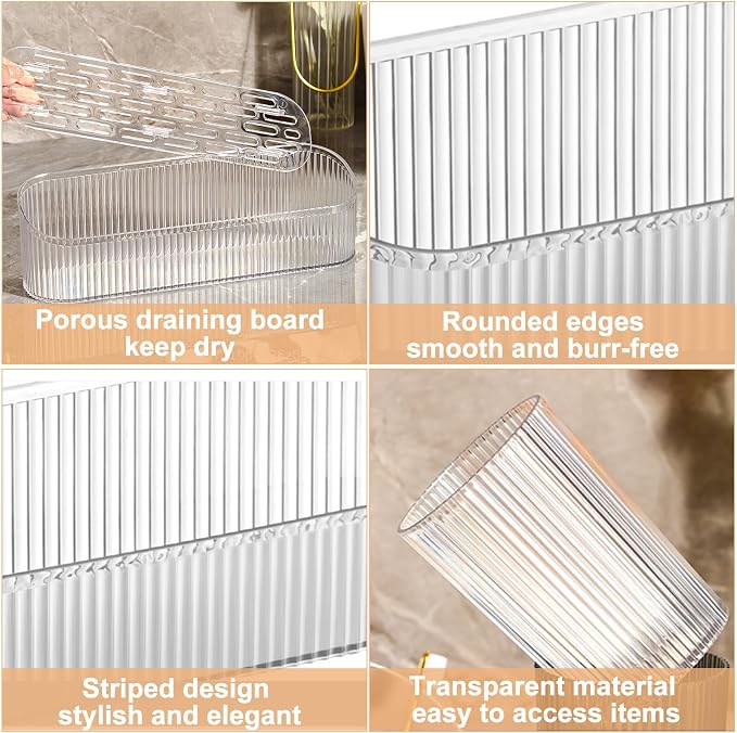DASITON Makeup Brush Holder Organizer with 4 Cup, Vintage Striped Make Up Brush Holder for Vanity, Bathroom Toothbrush Holders, Acrylic Cosmetic Brushes Storage Organizer Pen Holder (Clear+Clear)