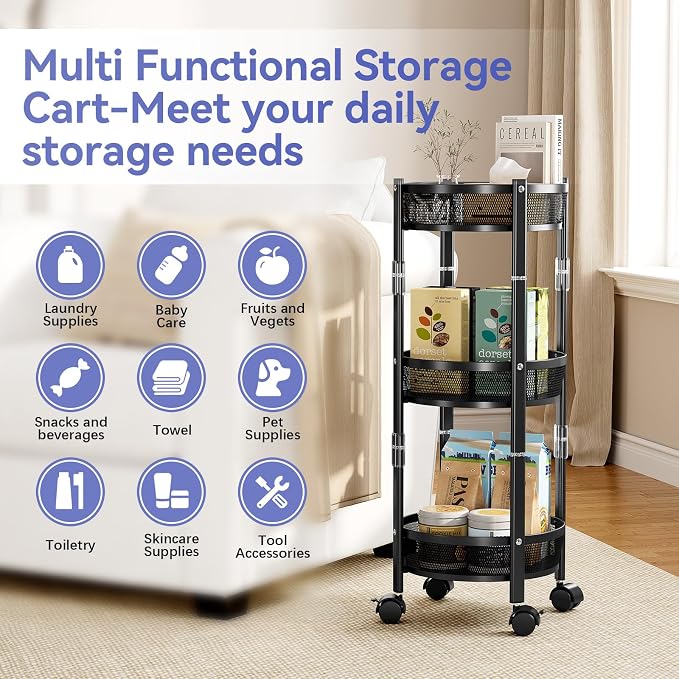 TOOLF 3 Tier Foldable Rolling Cart, Metal Utility Storage Cart, Black | Assembly-Free, Lockable Wheels, Round Trolley Organizer for Bathroom, Kitchen, Office, Dorm, Laundry, Craft Room
