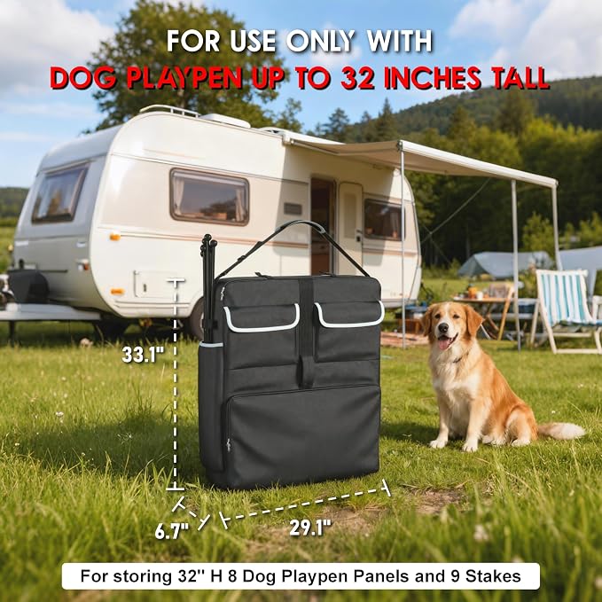 Dog Playpen Storage Bag - Fits 32" H 8 Panels & 9 Stakes, Heavy Duty 1680D Oxford + Shockproof Pearl Cotton, Ideal for RV Trips & Camping