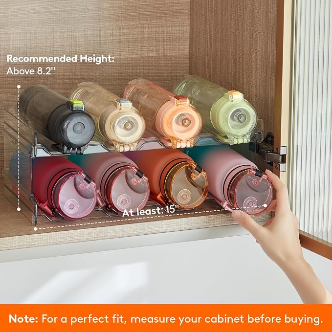 Lifewit Stackable Water Bottle Organizer for Cabinet, Clear Tumbler Holder | Large Slot for Up to 32 oz Cups, Plastic Wine Rack for Fridge, Pantry, Kitchen Organization & Storage, 2-Tier Holds 8 Bottles