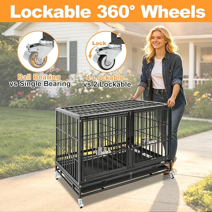 Homey Pet 43 inch Dog Crate Stackable Heavy Duty Dog Kennel Indoor, 2 Tiers | Dog Grooming Cage with Dual Front Doors, Auto Locks, Removable Grid & Tray, Wheels, Bowls, Ideal for Small and Medium Dogs