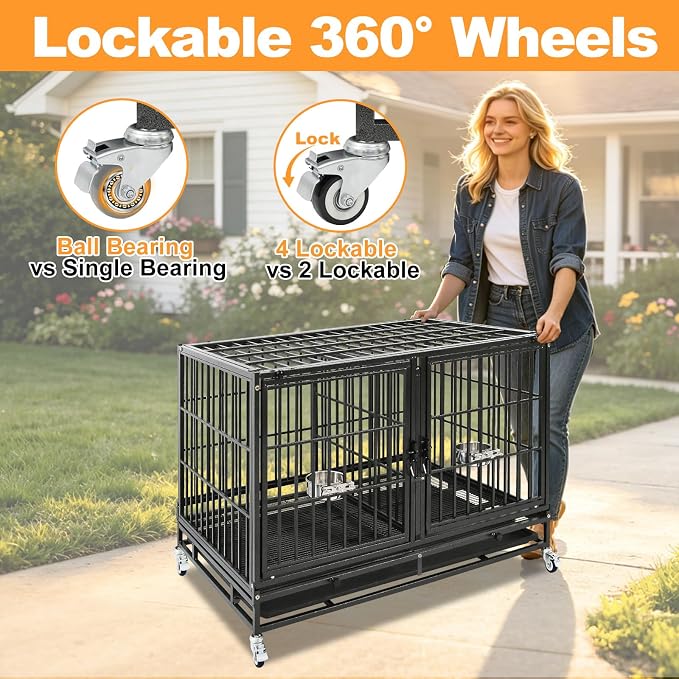 Homey Pet 4 Pack Three Tiers 43" Stackable Heavy Duty Double Dog Crate Bank | Commercial Modular Dog Kennel with Dual Front Doors, Divider, Auto Locks, Removable Tray, Bowls for Small and Medium Dogs
