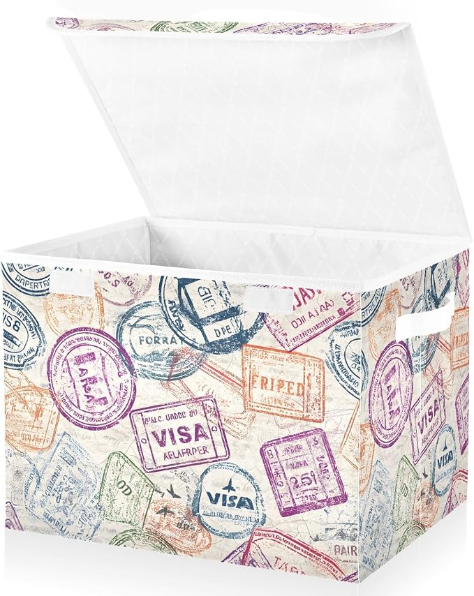 Passport Stamp Fabric Storage Bins with Lid Foldable Storage Boxes Baskets | Decorative Storage Boxes, Foldable & Stackable, Dust-Proof Flip Top, Reinforced Handles, For Home & Dorm, Clothes & Toy Box