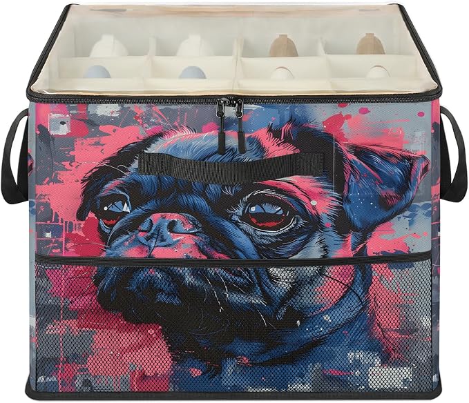 TropicalLife Pug Dog Shoe Organizer for Closet | Foldable Shoe Storage Box Bin 16-32 Pair Shoe Storage for Sneakers, Boots & Heels with Adjustable Dividers, Clear Cover