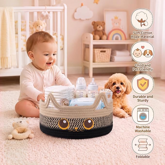 Small Cotton Rope Storage Basket,Round Cat Toy Basket,Beige & Black | Cute Decorative Dog Toy basket, Toy Bin for Baby, Pet, Gift Basket for Halloween, Baby Shower , 11"×11"×4.7"