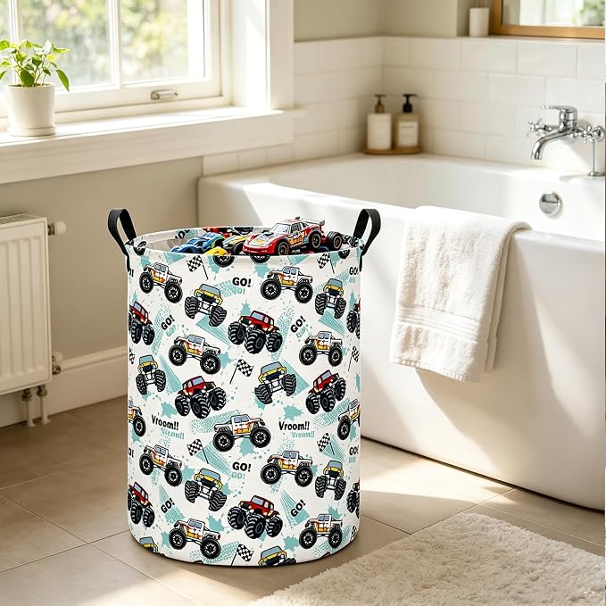 Monster Truck Fabric Storage Bin Nursery Organizer Basket | Organizer Bin Dirty Clothes Collapsible Waterproof for College Dorms, Boys and Girls Bedroom,Bathroom
