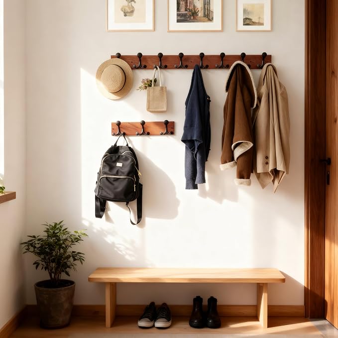 SKOLOO 17-Inch Wood Coat Rack Wall Mount with 3 Triple Hooks - Ideal for Family Entrances, Classrooms, and Pet Supplies Storage - Perfect Coat Hooks for Wall,Mahogany (Sapele), Pack of 2