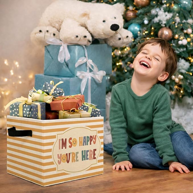 Welcome Storage Bin, Foldable Fabric Basket for Kids Room Classroom | Foldable fabric storage bin with welcome quote design for toys, books, clothes, nursery, classroom, and playroom use.