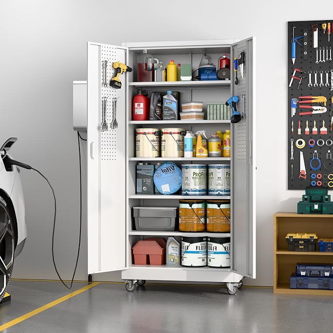 71" White Metal Storage Cabinet with Wheels and Pegboard | 16"D x 32"W x 71"H steel cabinet; lockable doors, 5 adjustable shelves, and wheels for garage, office, pantry.