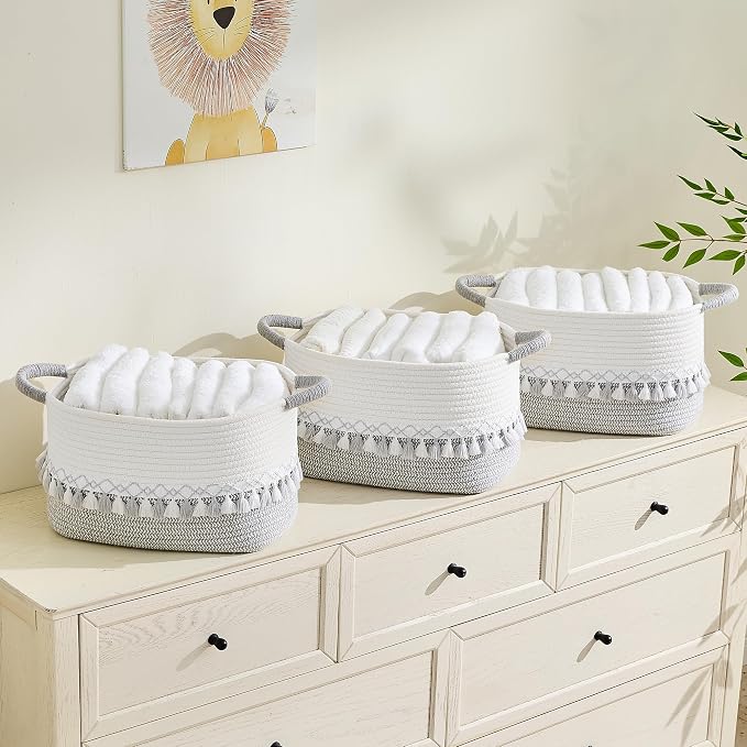 Storage Basket, Woven Baskets for Shelves, Gray | 3 Pack Boho Cotton Rope Storage Baskets, 14" x 9" x 8", Home Organizer for Nursery, Holds Toys, Books & Towels