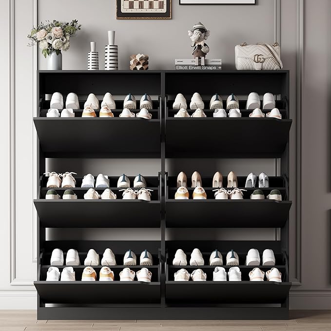 Xixini Shoe Storage Cabinet for Entryway with 6 Flip Drawers, Sturdy Wood Hidden Shoe Storage, Freestanding Narrow Slim Shoe Organizer for Front Door Entrance, Living Room, Hallway, Bedroom, Black