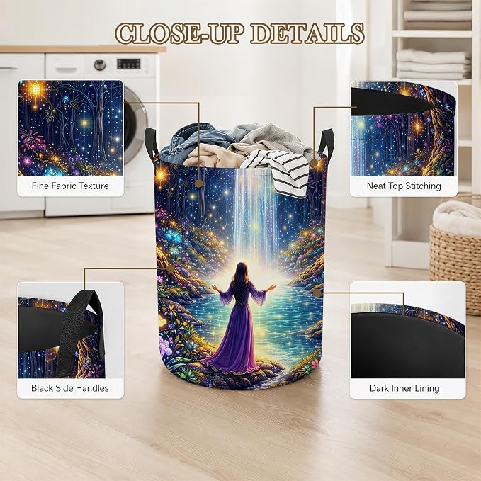 Fantasy Waterfall Laundry Basket, Foldable Oxford Cloth Magic Forest Laundry Hamper with Handles, Tote Bag Clothes Storage Bucket for Laundry Room/Bathroom/Bedroom/Dormitories 20.8"x16"