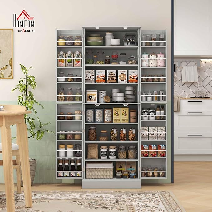 HOMCOM 65" Kitchen Pantry Storage Cabinet 16 Door Shelves Gray | Freestanding Kitchen Cabinet, 4 Doors, 8-Tier Shelving, Adjustable Shelves