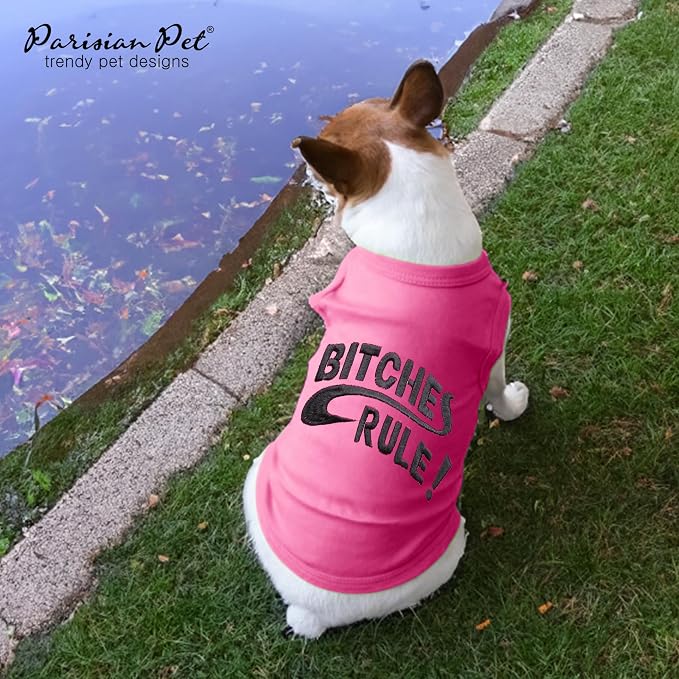 Parisian Pet Dog Shirt – 100% Cotton Shirts for Small Dogs – Pink Sleeveless Puppy Clothes – Lightweight and Breathable Pet Apparel – Bitches Rule Girl Dog Clothes - Stretchy T Shirts for Dogs