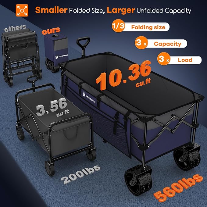 Originsure 300L Beach Wagons Carts Foldable with Big Wheels, 560lbs, Purple | 48" Folding Utility Wagon,7" All-Terrain Wheels,Heavy Duty Frame,Compact&Space-Saving,for Camping,Sports,Grocery,Garden