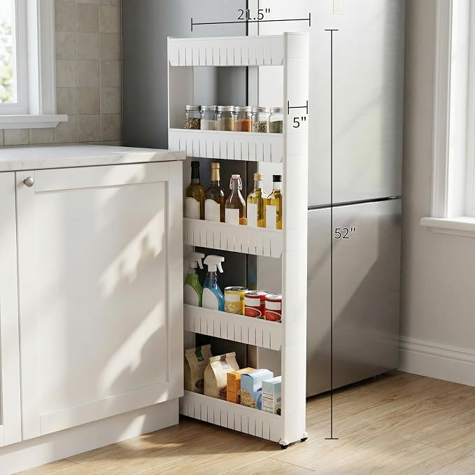 Lavish Home Slim Rolling Storage Cart, White, 21.5” x 5” x 52”