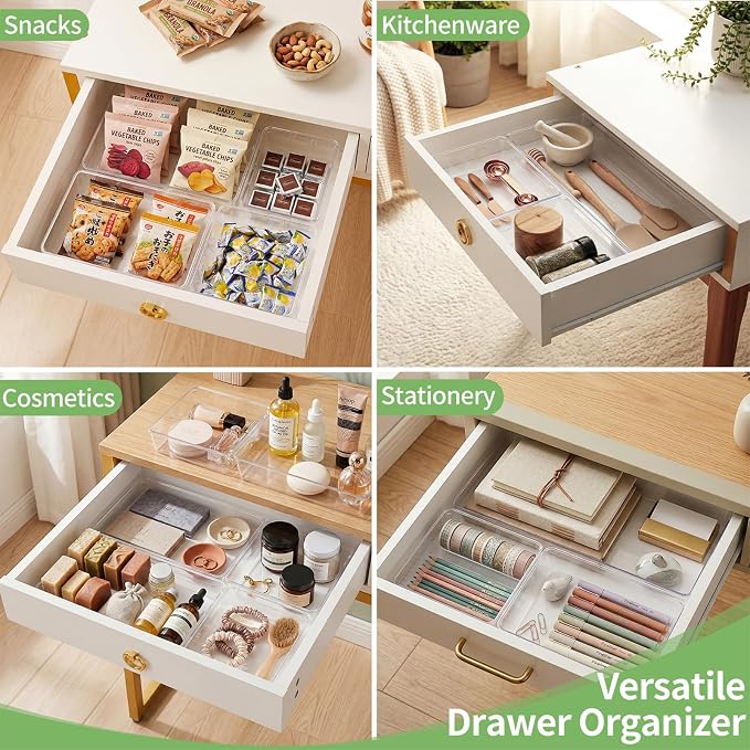 6 PCS Clear Plastic Drawer Organizer, Large 15" X 6" 3-Size Acrylic Stackable Kitchen Drawer Storage Tray, Bathroom Drawer Organizer Trays, Storage bins for Cosmetics Bathroom Kitchen Office