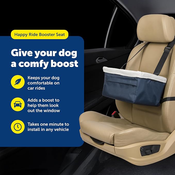 PetSafe Happy Ride Dog Booster Seat, Navy Blue, Up to 12 lb | Raises Small Dogs to Window Height In Most Cars, Connects to Seatbelt with Safety Tether, Fleece Liner Is Machine Washable