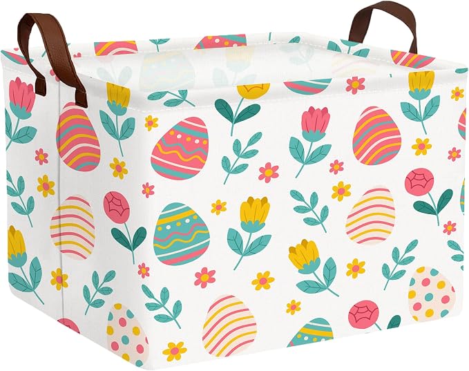 Large Rectangular Easter Baskets Empty Waterproof Boy Toy Box Foldable Kid's Gifts Storage Bin Spring Room Decor(Rose Egg)