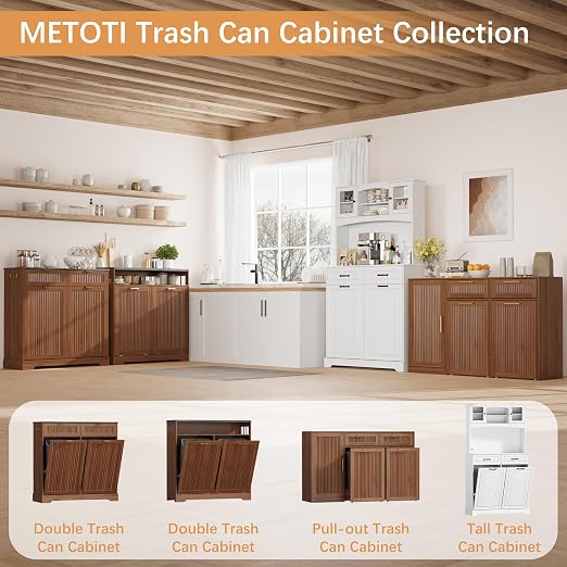 2 X 13 Gallons Double Pull Out Trash Can Cabinet with Storage & Drawers | 54"W Kitchen Trash Cabinet with Adjustable Shelf & Drawer, Hidden Garbage Can Cabinet for for Laundry, Living Room