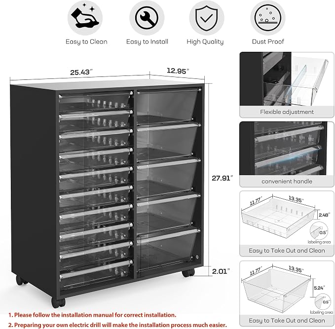 Mobile Storage Cabinet with 15 Clear Drawers, Modern Black | Craft Cabinet with 5 Large Drawers, Cart with Wooden Tabletop, Printer Stand Home Office, Dresser Chest