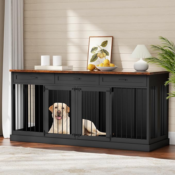 70.9 inches Double Dog Crate Furniture with 3 Drawers for Large Medium Dogs