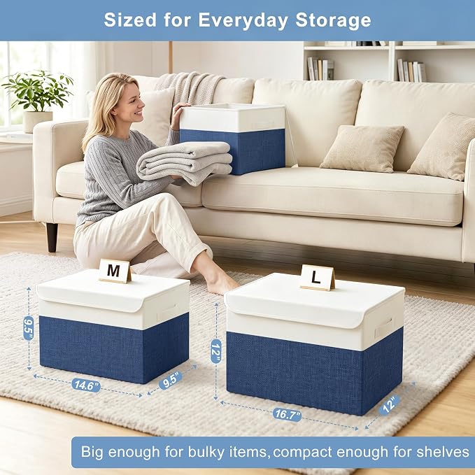 Large 22 Quart Linen Fabric Foldable Storage Bin Cube Organizer Basket with Flip-Top Lid & Handles, Clothes Blanket Box for Home, Office, Closet, Navy Blue & White, 4 Pack 14.6 x 9.5 x 9.5