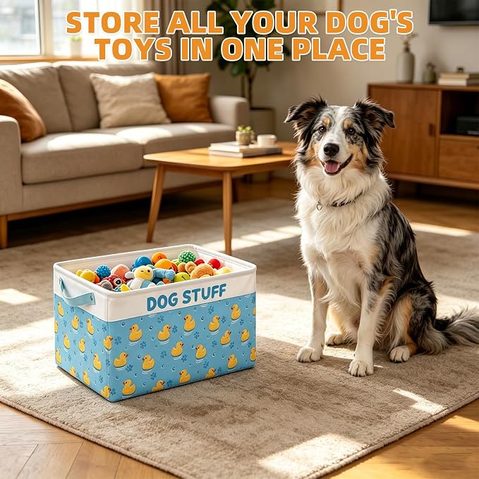 Dog Toy Basket, Collapsible Dog Toy Bin Box with Drawstring Cinch Top &Handles, Pet Food Storage Organizer for Dog Toys, Apparel, Blankets and Leashes, Blue, Yellow Duck, L, 15.3"x13"x12"