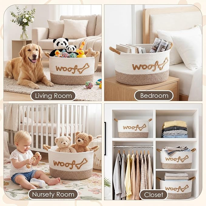 Zhehao Dog Woven Toy Basket with Handles, 15 x 11 x 9 in, White Flaxen | Cotton Rope Dog Toy Storage Bin, Pet Basket with Woof Bone Embroidery, for Puppy Bone & Blankets