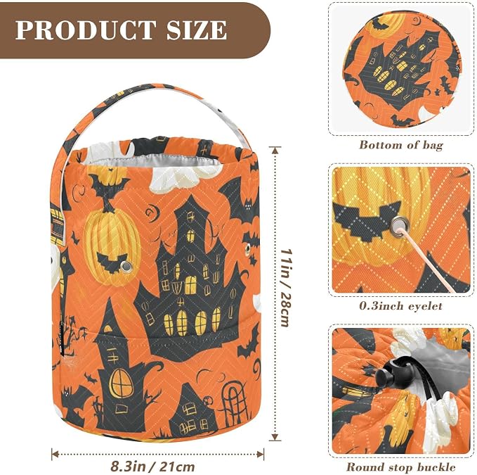 Tatenale Crochet Bag Yarn Bag Knitting Project Bag with Pockets and Handle Portable Yarn Storage Organizer Tangle Free 8.3x11 InchFunny Orange Halloween Bat Castle Ghost Pumpkins17