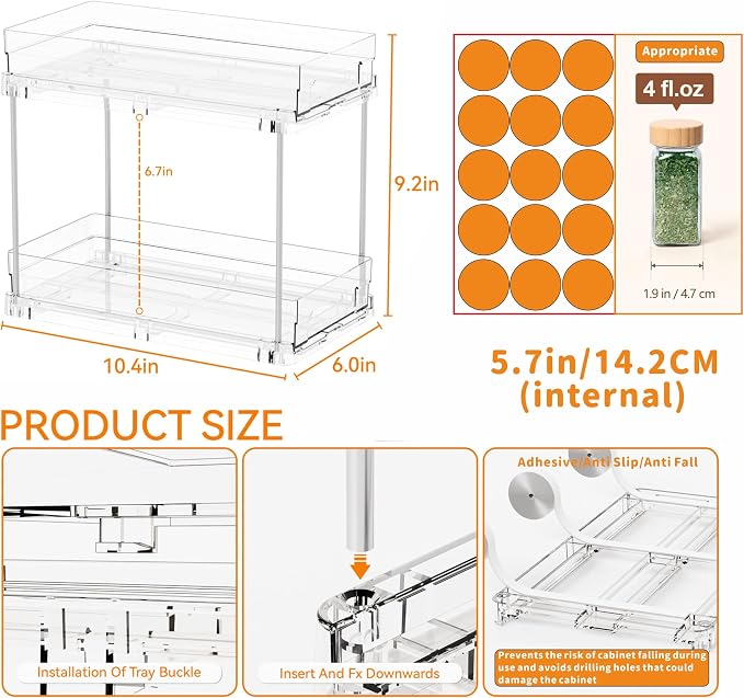 4 Pack 2 Tier Vertical Spice Rack Pull Out,10.4'' Deep Narrow Slide Out Spice Rack Organizer for Inside Cabinets,Kitchen,Pantry,Cupboard Seasoning,Can,Jar Organizer and Medicine Cabinet Storage