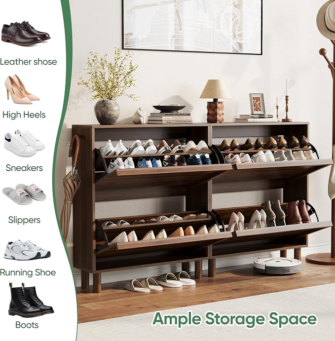 Shoe Storage Cabinet with 2 Flip Drawers, Slim Shoe Rack Cabinet with Integrated slant-grip handle, Narrow Shoe Cabinet Storage for Entryway Entrance, Freestanding Shoe Organizer Cabinet (Walnut)