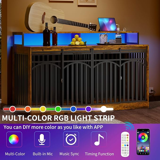 DWVO 71" Double Dog Crate Furniture with LED Light & Power Outlets | Heavy Duty Dual Dog Kennel TV Stand w Shelves & Sliding Doors, Wooden Dog Cage Table 2 Medium Large Dogs, Rustic Brown