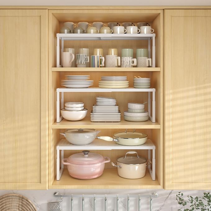 Shelf Organizer Riser For Cabinet Pantry Kitchen Countertop Cupbaord Closet | Expandable Width, Adjustable Height, Stackable As 2-Tier Shelf Rack, Snap-Button: Easily Adjust Height, Heavy Duty Metal