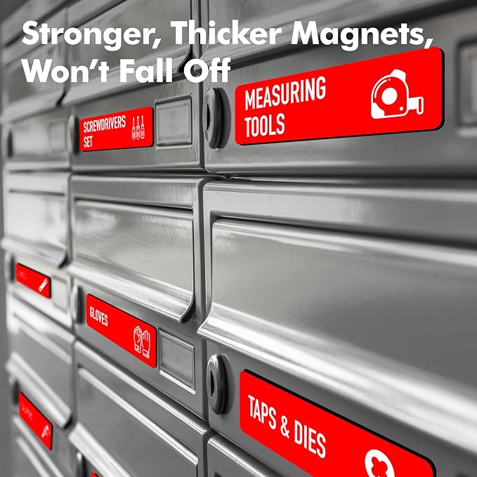 90 PCS Magnetic Toolbox Labels, 82 Pre-Printed & 8 Blanks Large Size Tool Chest Organizer Labels Strong Magnetic & Easy to Read Printing Fits All Brands of Steel Tool Box Drawers (Red, 3.5” x 1”)