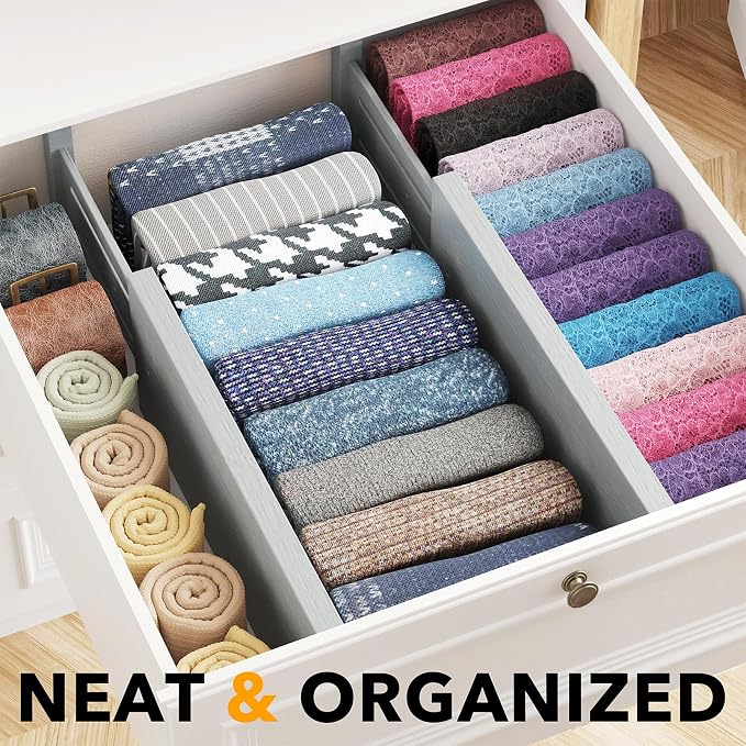 SpaceAid Bamboo 4 Pack Dresser Drawer Dividers, 4.65“ High Adjustable 12.5“-17” Drawer Organizers, Expandable Organization for Clothing, Clothes, Dressers, Gray