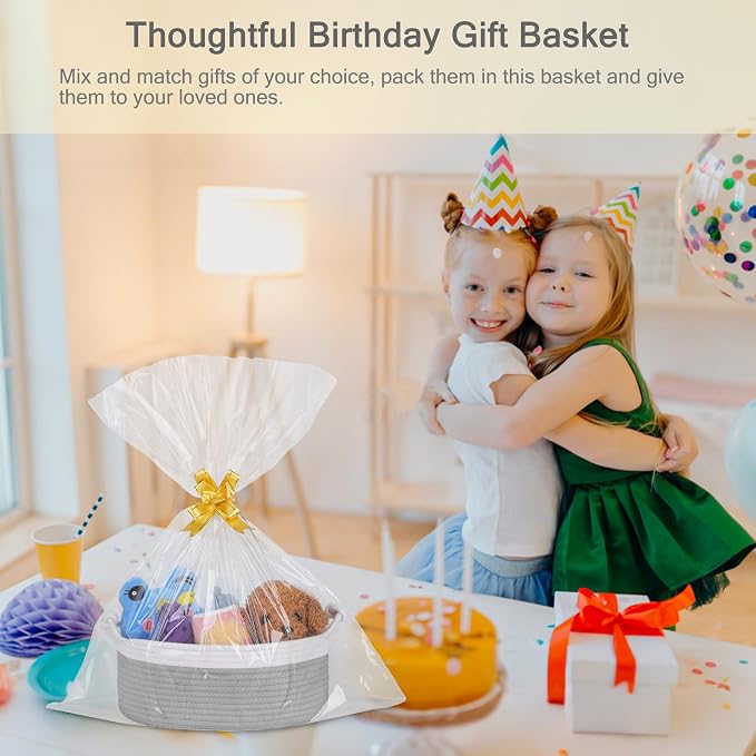 Small Empty Gift Basket with Bag & Ribbons, White & Cool Gray | 12“x8”x5”, Cotton Rope Woven Basket for Birthdays, Baby Showers, Mother's Day, Christmas; Stores Small Items, Kids & Pet Toys