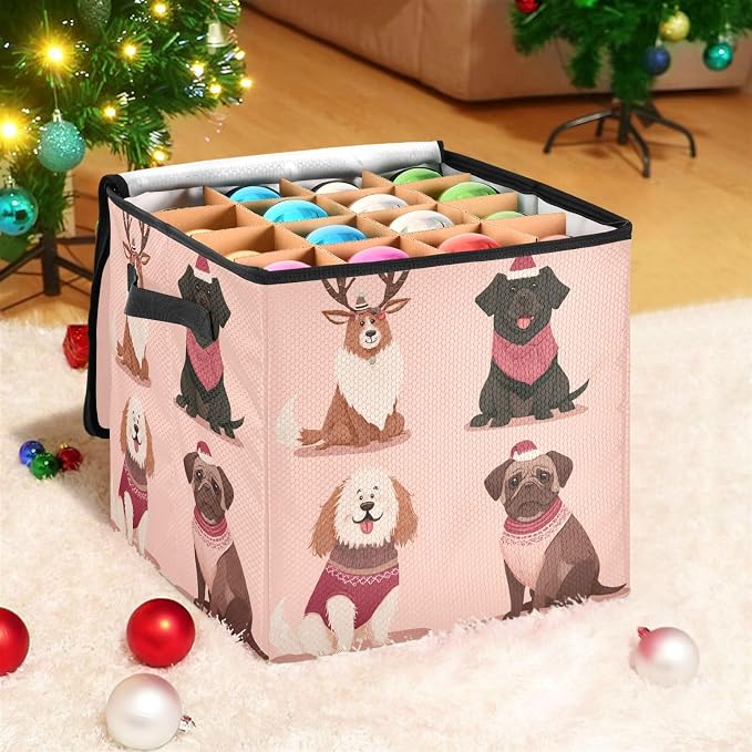 OTVEE Christmas Ornament Storage Box Holiday Decoration Organizer Stores upto 64 Holiday Ornaments Adjustable Dividers Tear-Proof Fabric Festive Pet Art