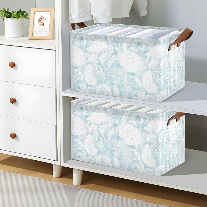 Light Blue Marine Life Turtle Coastal Storage Basket Foldable Cube Storage Bins with Handles&Label Collapsible Organizer Box Bin Large Rectangle Decorative Baskets for Shelves Home Living Room Closet