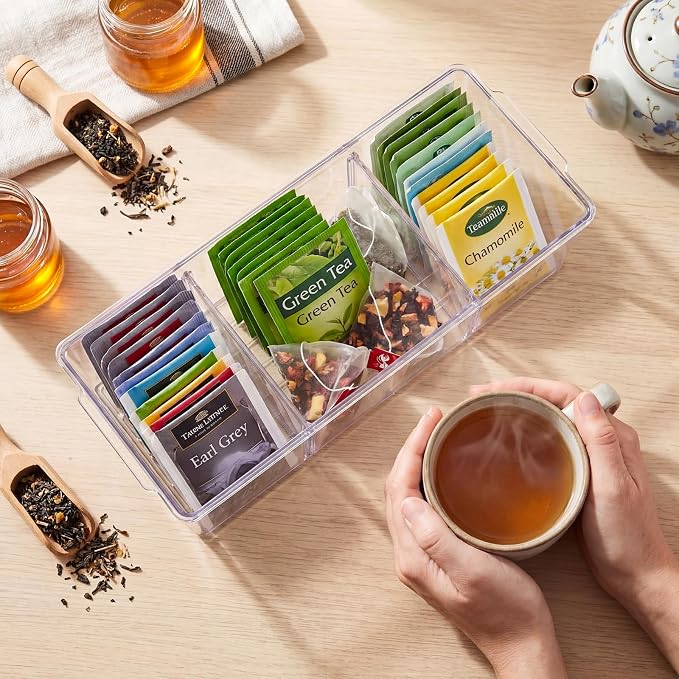 Hoteam 3 Pack Flip Top Tea and Coffee Organizer with Lids, Clear Stackable Plastic Tea Bag Storage Organizer for Cabinet Counter Countertop Pantry, Sweeteners (3 Grids)