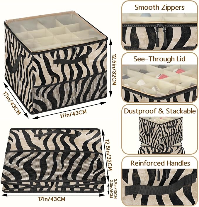 TropicalLife Zebra Print Shoe Organizer for Closet | Animal Skin Foldable Shoe Storage Organizer Box Bin with Adjustable Dividers and Clear Cover, Fits up to 16-32 Pairs