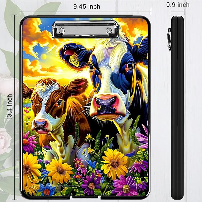 Purple Flower Cow A4 Clipboard with Storage Pen Holder, Clipboards Organizer Nursing Clipboard Foldable File Folder Plastic Clipboard Folio Clip Board for Office Students Classroom Doctor
